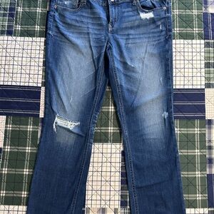 Express Blue Ankle Cropped Jeans with Distressed Details